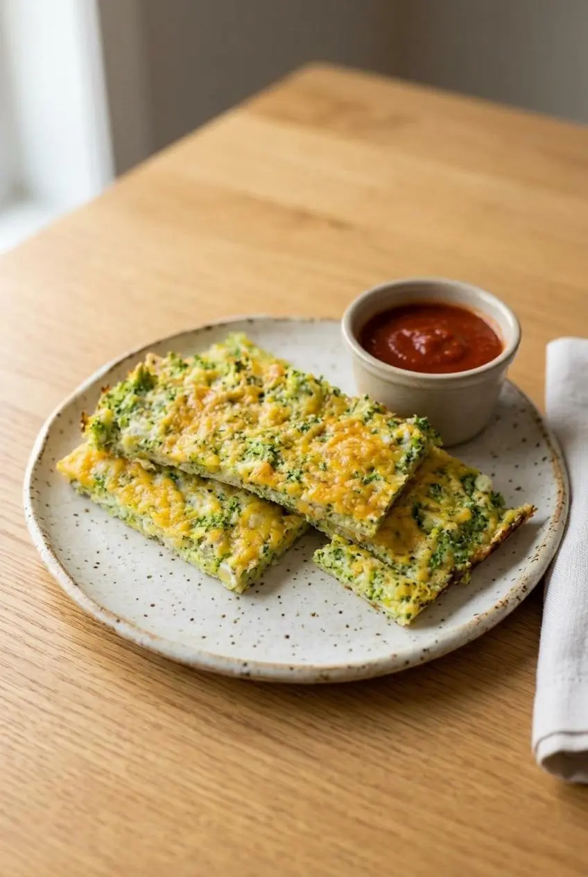 Keto broccoli bread slices on a cream plate served with a small dish of red marinara dipping sauce.