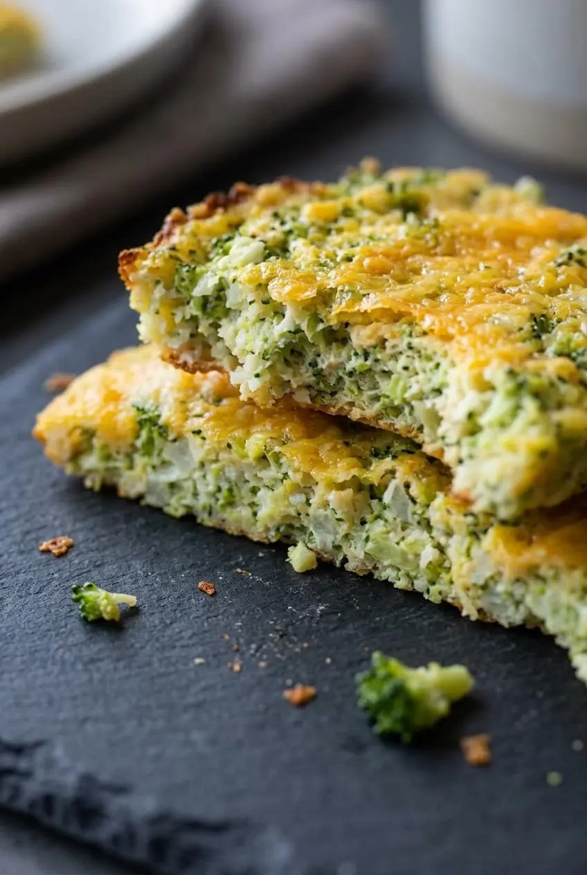 Cross section of keto broccoli bread showing a dense, firm crumb bound with cheese and crisp edges.