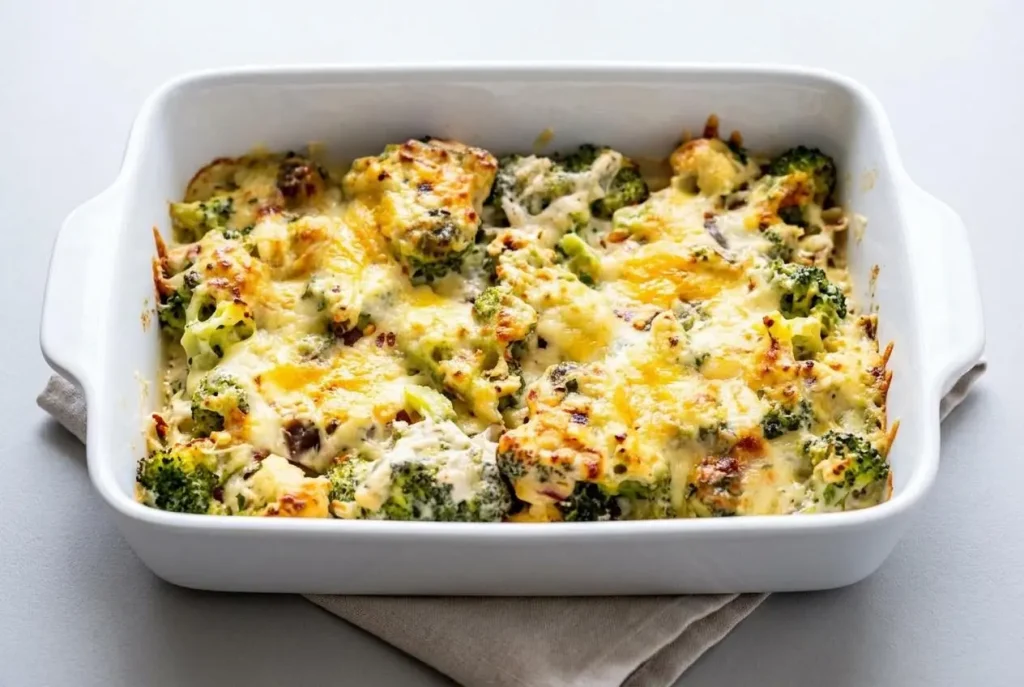 Golden baked keto broccoli cheese casserole with bubbling melted cheddar and tender green florets in a baking dish.