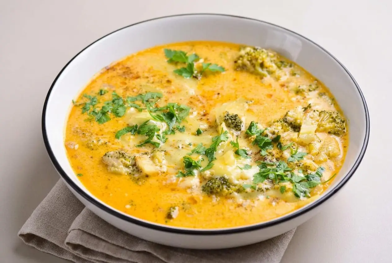 Creamy keto broccoli cheese soup with tender florets and a glossy melted cheddar finish in a bowl.