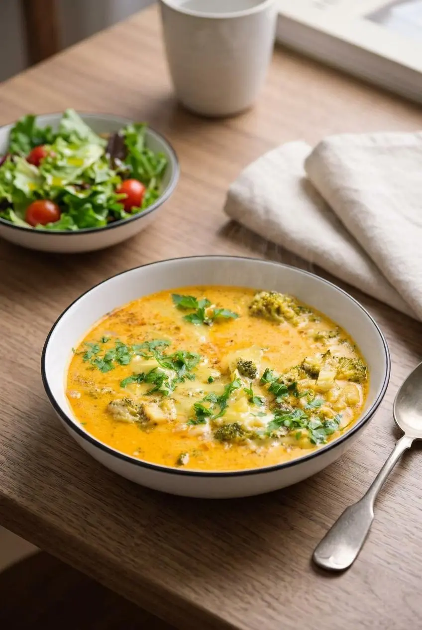 Keto broccoli cheese soup garnished with parsley and extra cheddar, served alongside a crisp green salad.