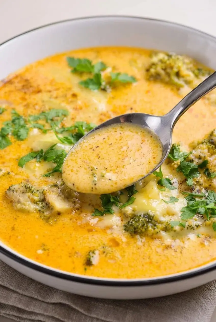 Spoon lifting velvety keto broccoli cheese soup showing smooth texture and tender emerald broccoli bits.