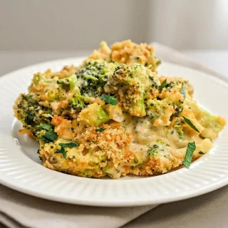 Baked keto broccoli mac and cheese in a casserole dish with a golden pork rind crust and creamy cheddar sauce