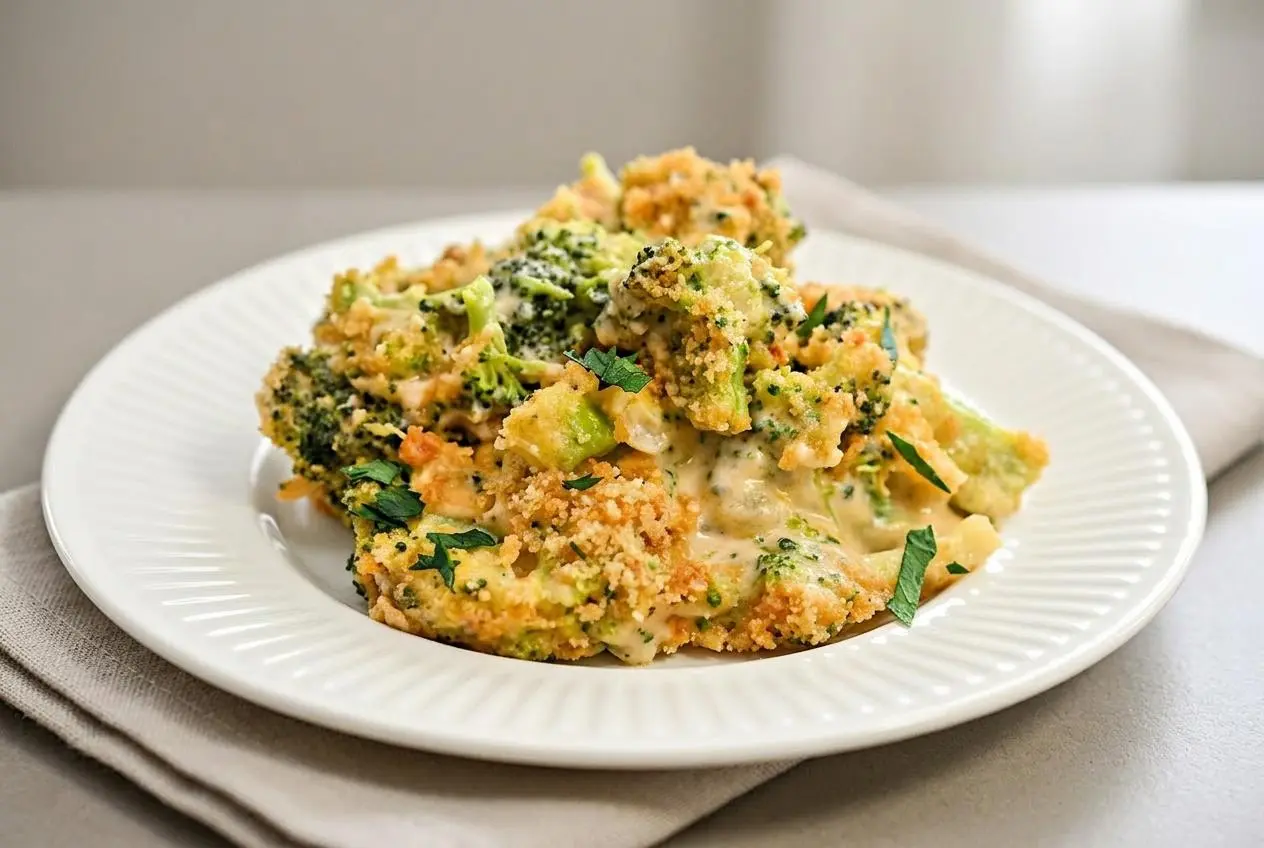 Baked keto broccoli mac and cheese in a casserole dish with a golden pork rind crust and creamy cheddar sauce