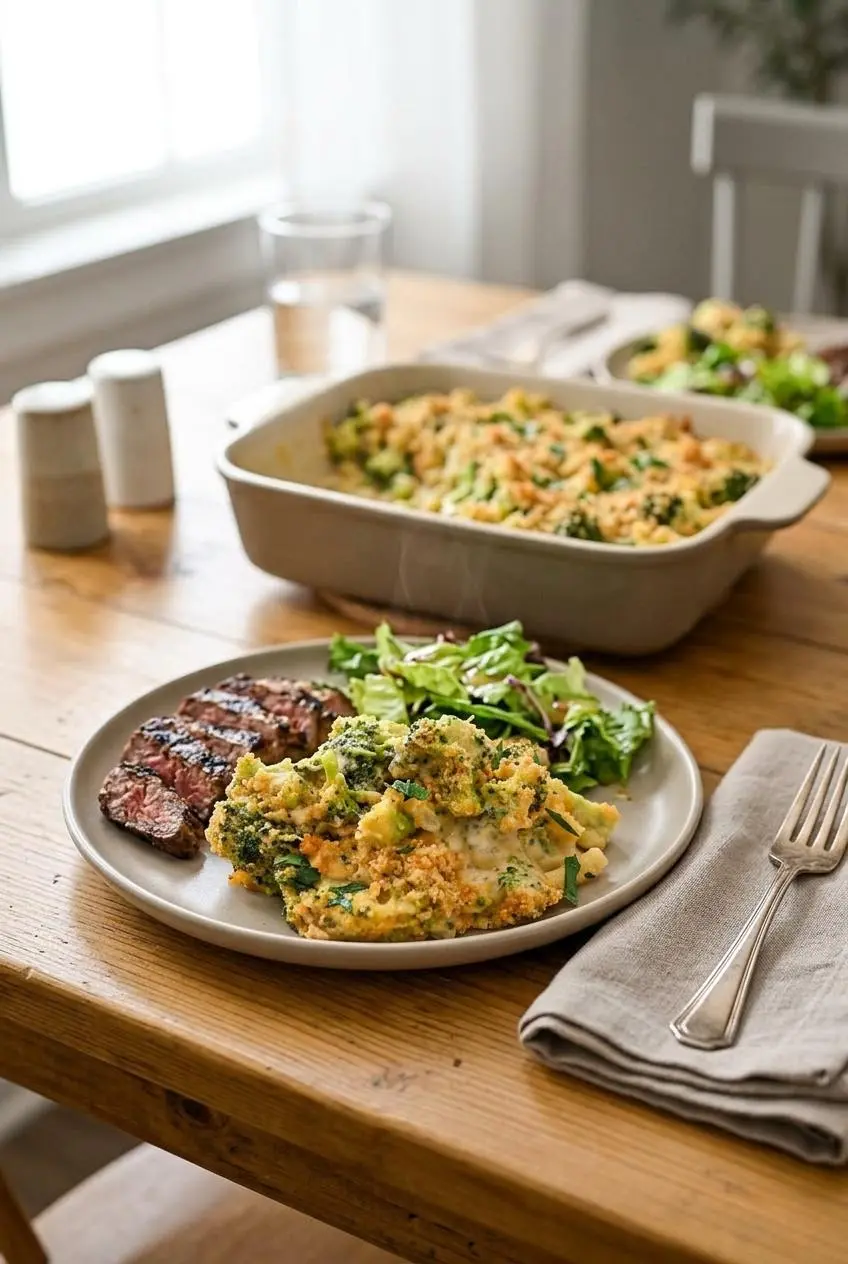 A plate of keto broccoli mac and cheese served alongside sliced grilled steak and fresh garden salad