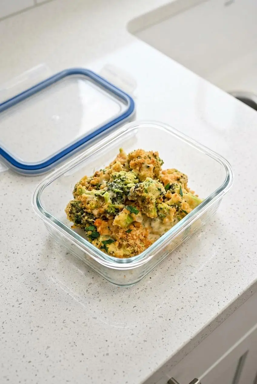 Individual portion of keto broccoli mac and cheese stored in a clear glass airtight meal prep container