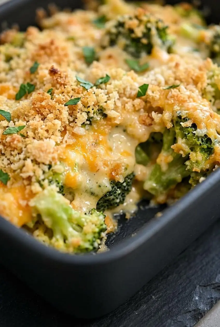 Close-up of baked keto broccoli mac and cheese showing thick cheese sauce clinging to florets beneath a crisp crust