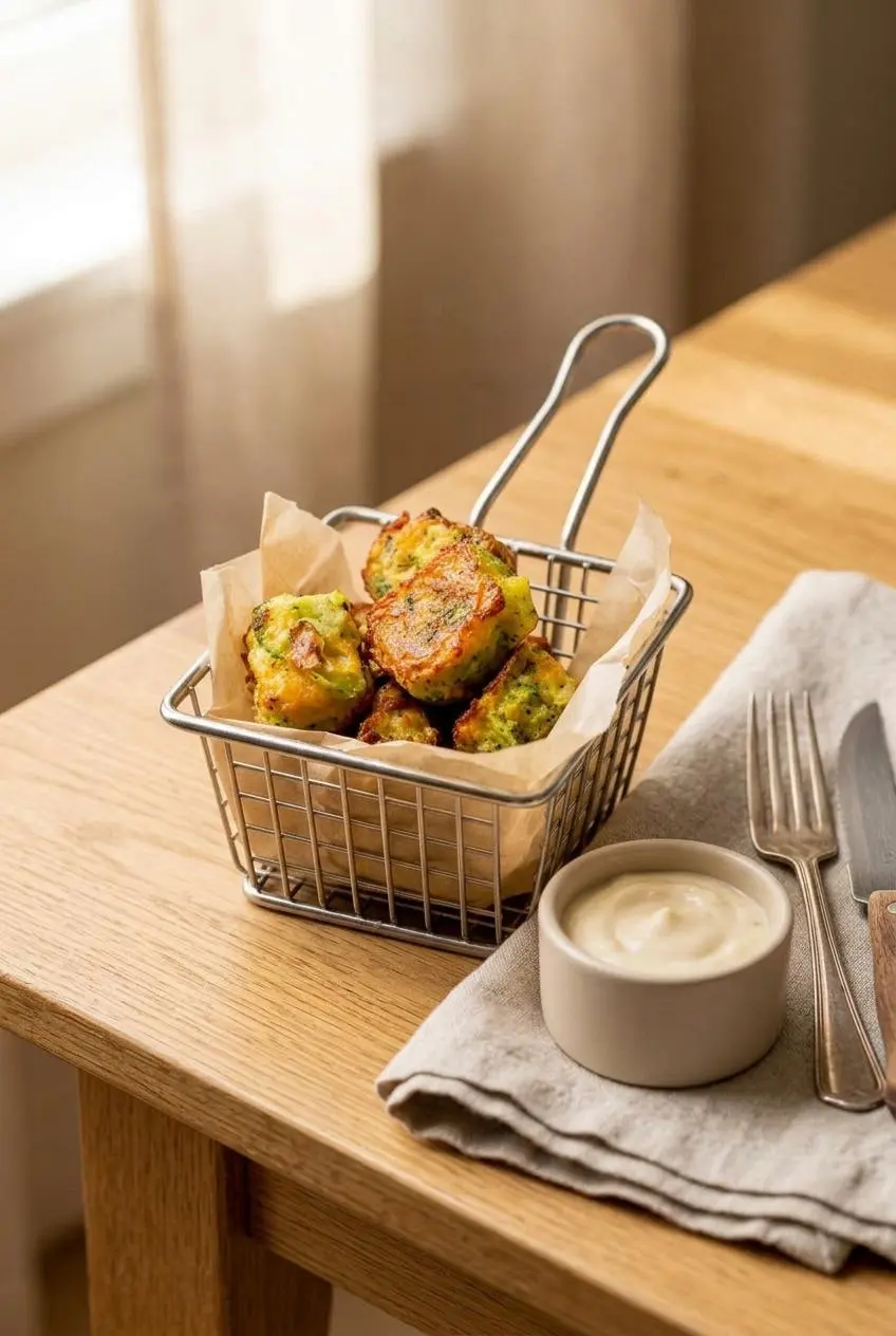 Baked keto broccoli tots served on a ceramic plate alongside a small dish of garlic aioli dipping sauce.