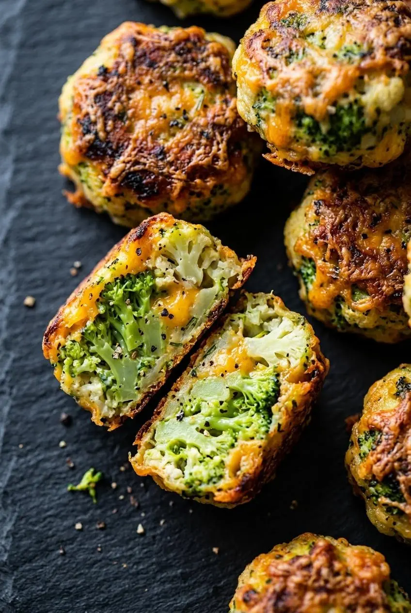 Split-open keto broccoli tot revealing tender riced broccoli and melted cheddar inside a crispy exterior.