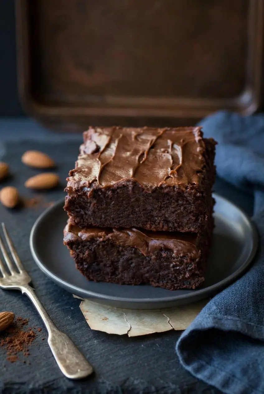 Close-up of a broken keto brownie showing a dense, glossy crumb and moist fudgy center.