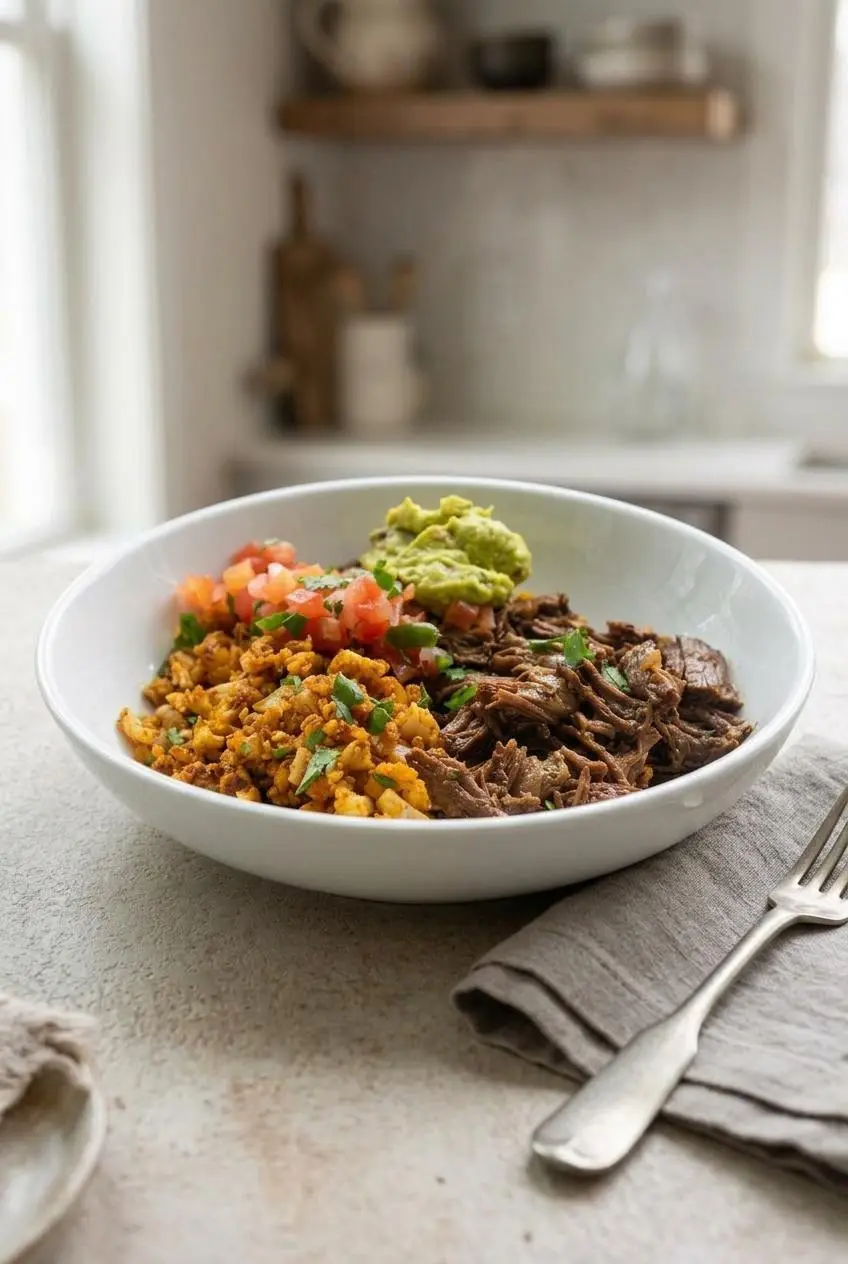 Assembled keto burrito bowl with beef, guacamole, salsa, and cheese on a rustic dining table.