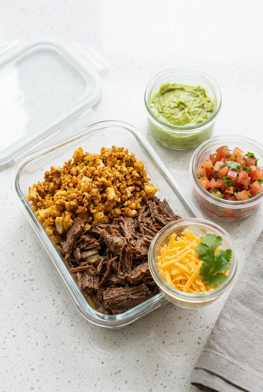 Glass meal prep container holding cauliflower rice and beef next to small pots of guacamole, salsa, and cheese.