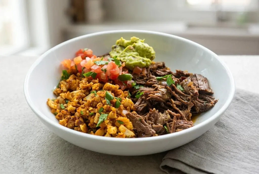 Keto burrito bowl with Mexican shredded beef, cauliflower rice, guacamole, pico de gallo, and cheddar cheese.