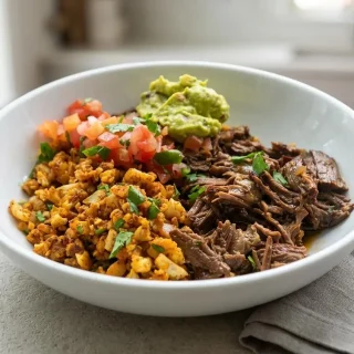 Keto burrito bowl with Mexican shredded beef, cauliflower rice, guacamole, pico de gallo, and cheddar cheese.
