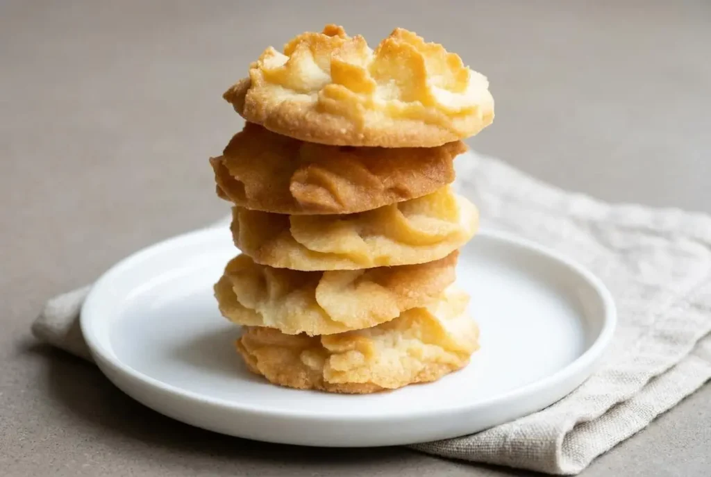 Keto butter cookies with crisp star piped ridges and pale golden edges on parchment paper