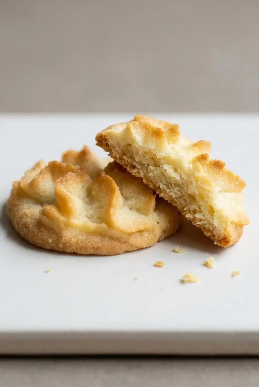 Close-up of a broken keto butter cookie showing delicate crumb structure and crisp golden ridges