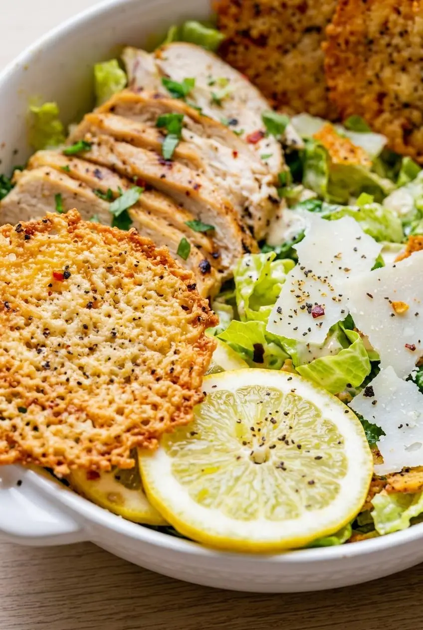 Close up of creamy caesar dressing clinging to crisp romaine ribs and golden baked parmesan crisps.