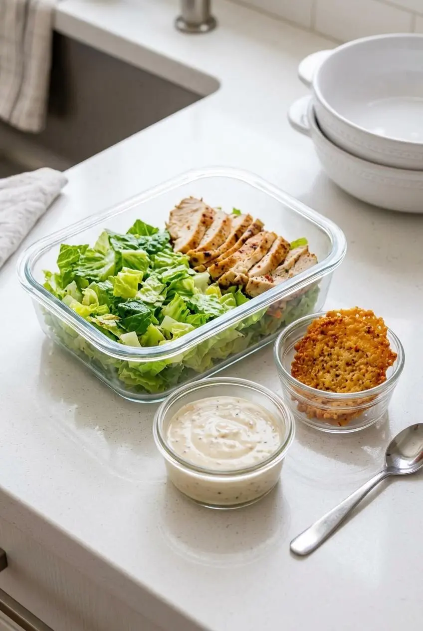 Meal prep container with dry romaine and grilled chicken next to small ramekins of dressing and parmesan crisps.