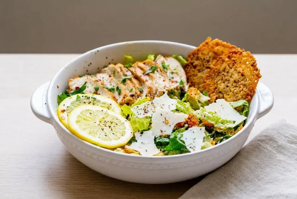 Keto caesar salad recipe topped with sliced grilled chicken and golden crisp parmesan croutons.