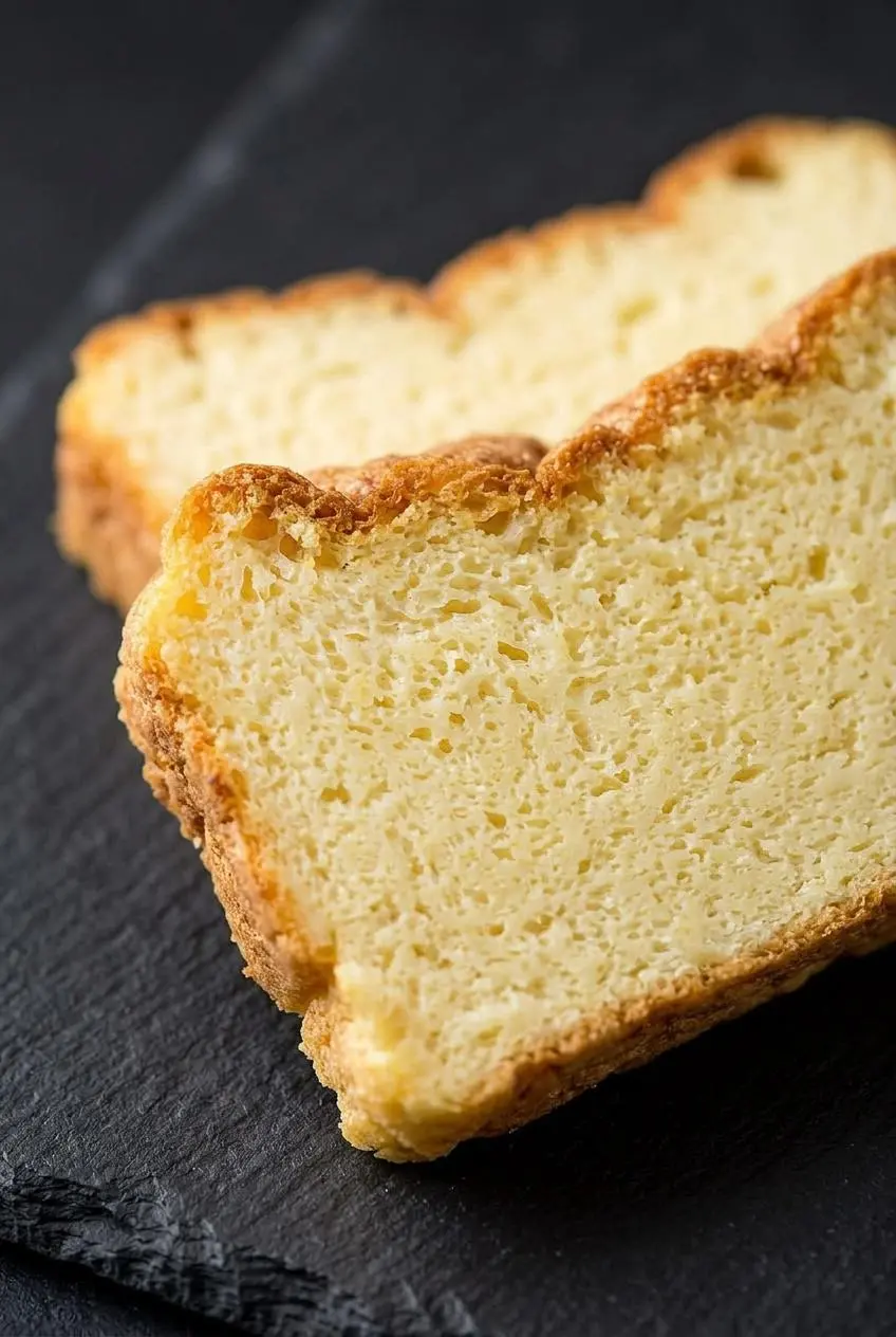 Close-up of keto cauliflower bread crumb structure showing airy pockets and golden crust