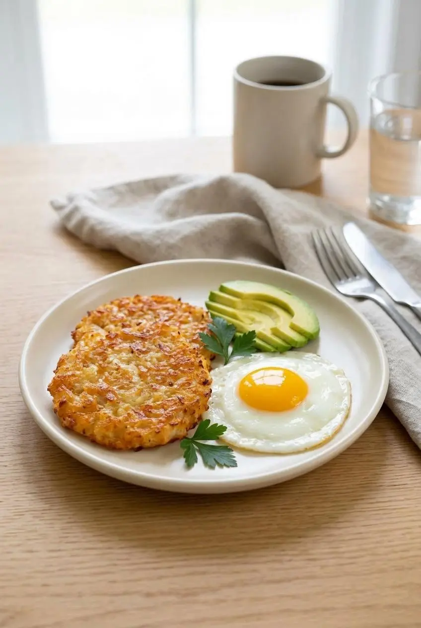 Keto cauliflower hash brown breakfast plate served with a sunny-side-up fried egg and sliced avocado.