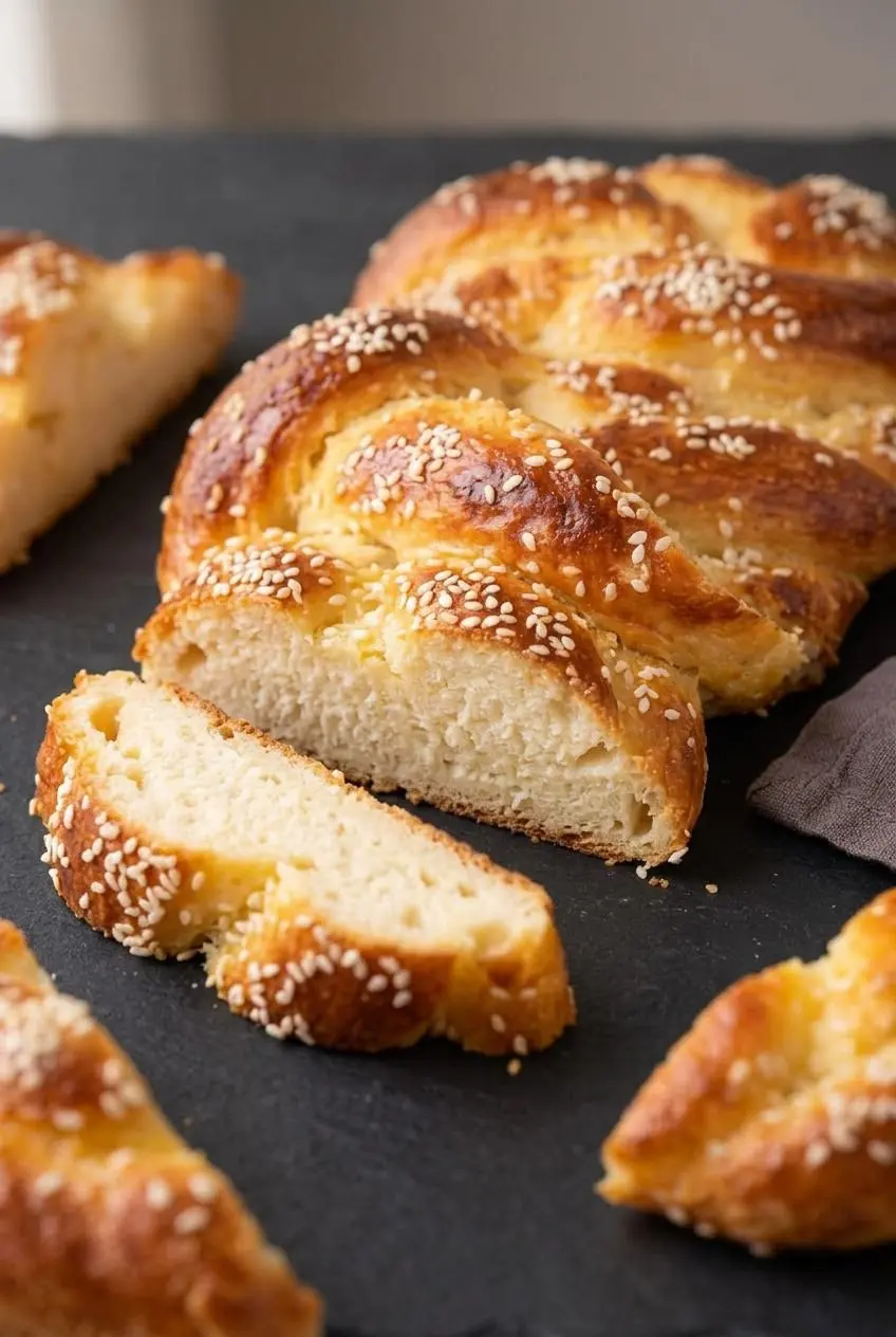 Close-up of sliced keto challah bread revealing a soft, tender crumb and four-strand braided crust.