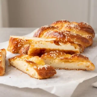 Golden keto challah bread with a glossy sesame seed crust and braided crumb.