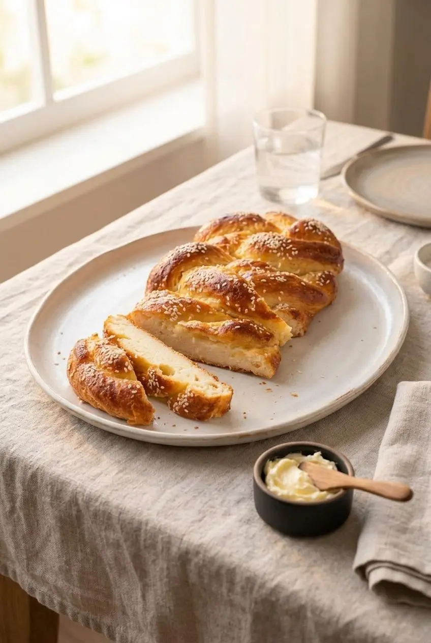 Braided low-carb challah on a serving platter with thick cut slices and whipped salted butter.