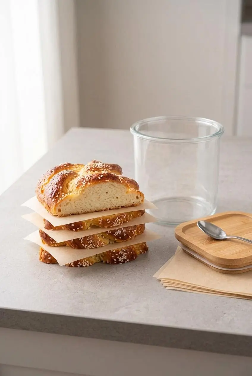 Sliced keto challah bread separated with parchment paper beside a glass airtight storage container.