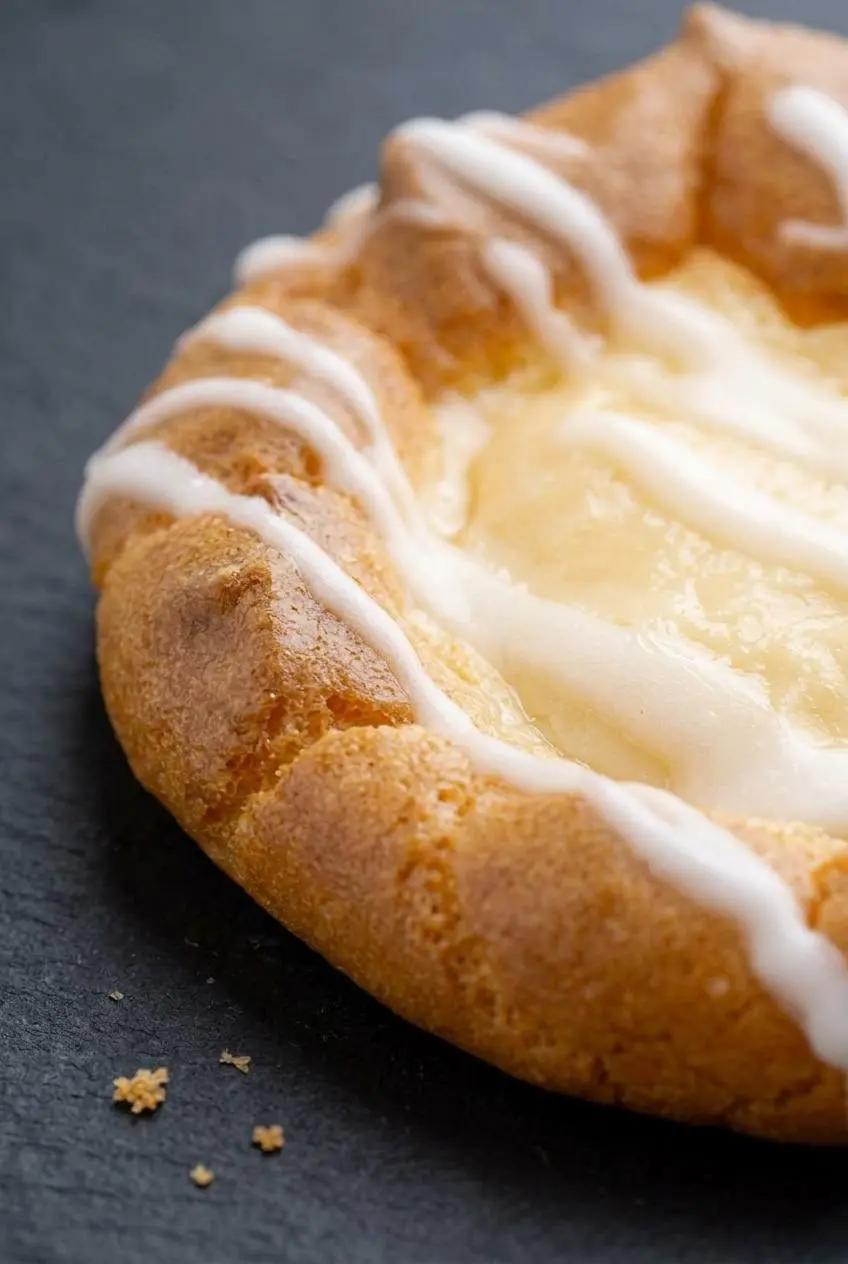 Close-up of baked keto cheese danish crumb texture and glossy cheesecake center.