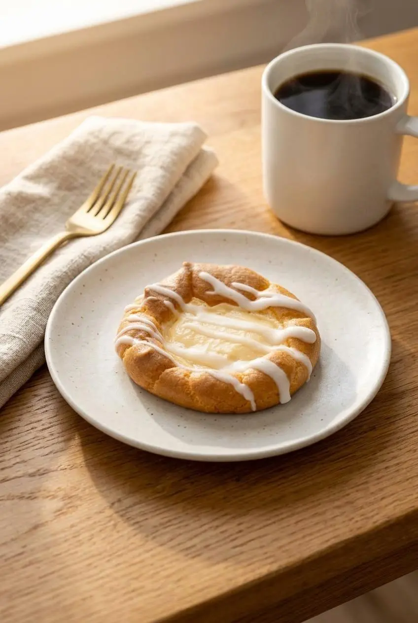 Two keto cheese danishes plated with dark roast coffee for a morning brunch.