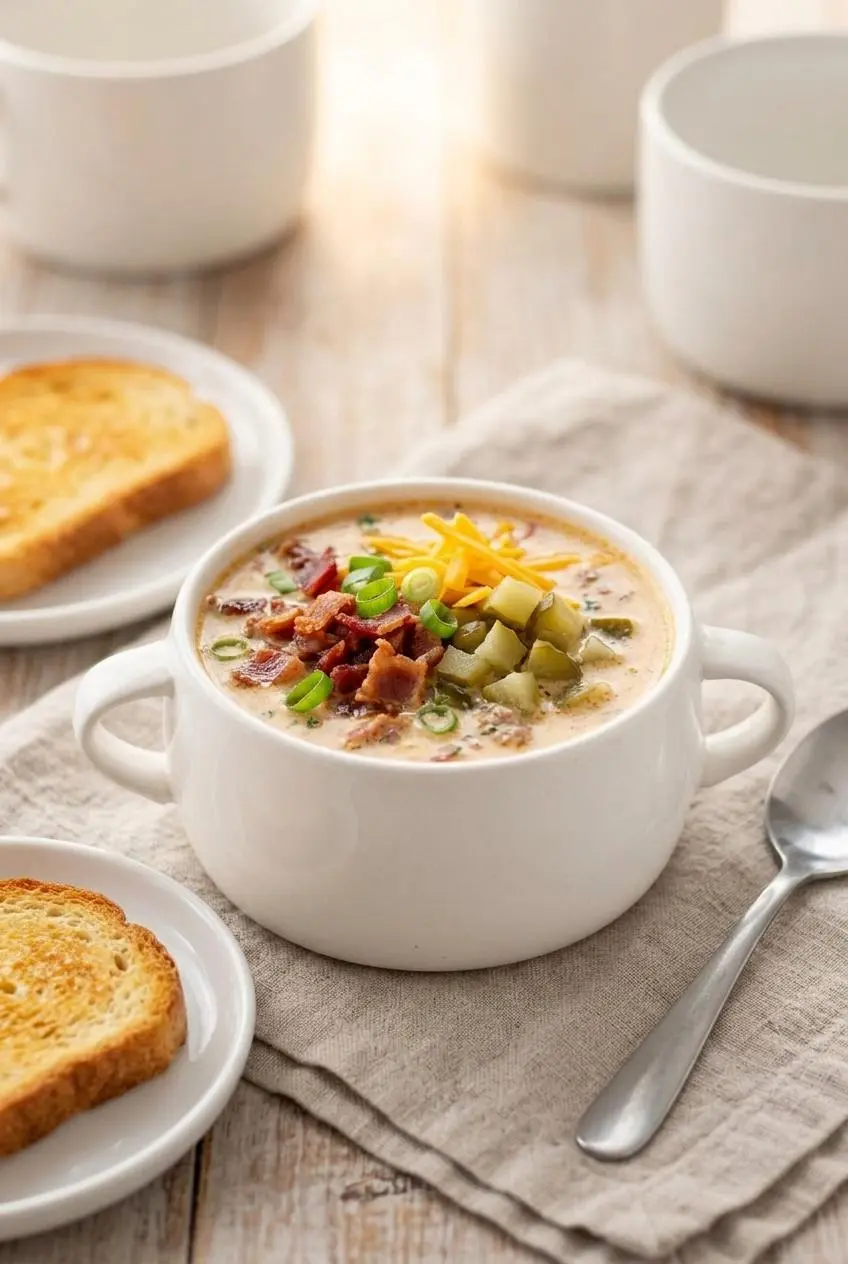 Steaming bowl of keto bacon cheeseburger soup garnished with bacon, scallions, and pickles beside keto bread.