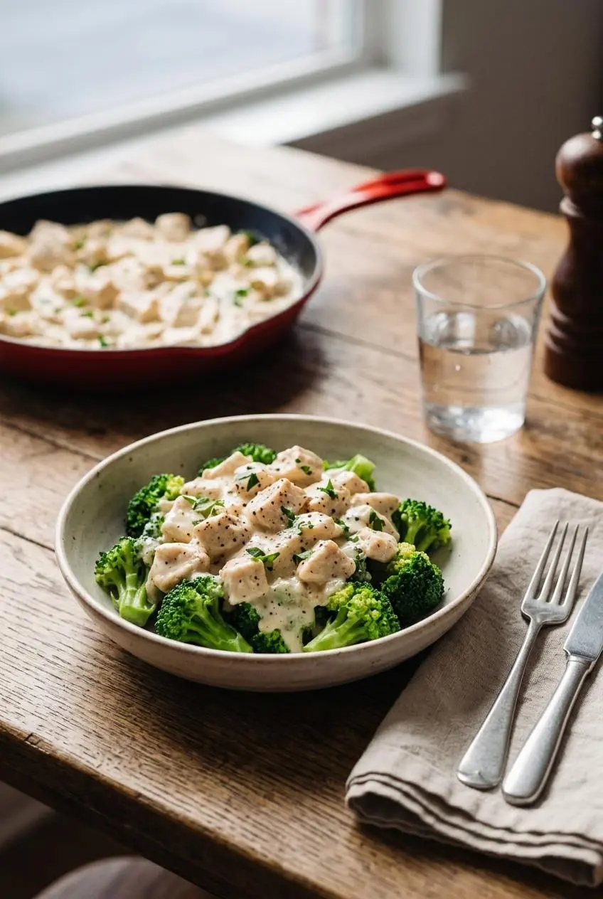Keto chicken alfredo served over steamed green broccoli florets in a ceramic bowl garnished with fresh parsley.