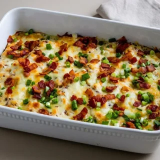 Keto chicken bake fresh from the oven with bubbling melted cheese, crisp bacon crumbles, and green onions.