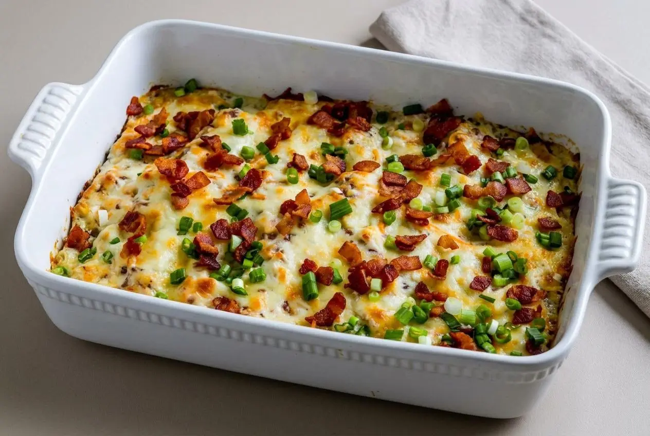 Keto chicken bake fresh from the oven with bubbling melted cheese, crisp bacon crumbles, and green onions.