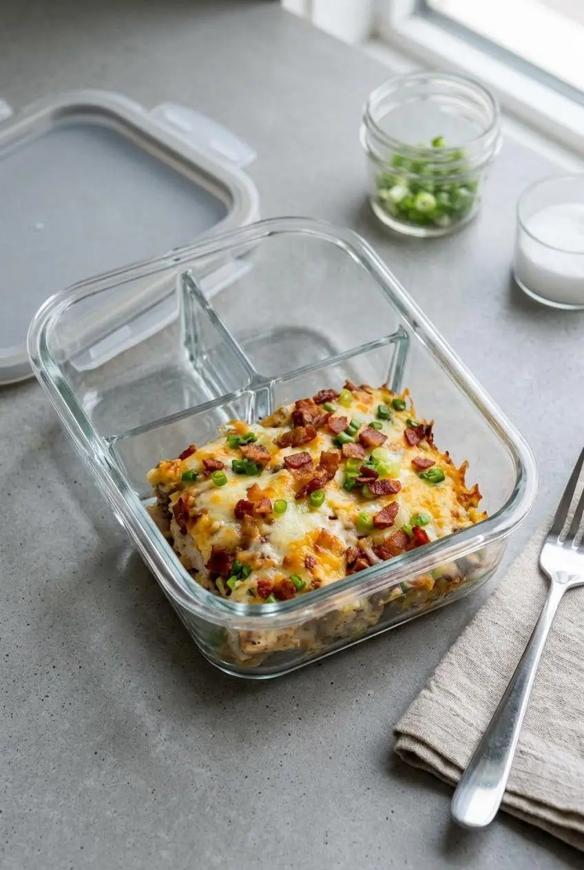 Square slice of baked keto chicken bake inside a clear glass meal prep container with a bamboo lid nearby.