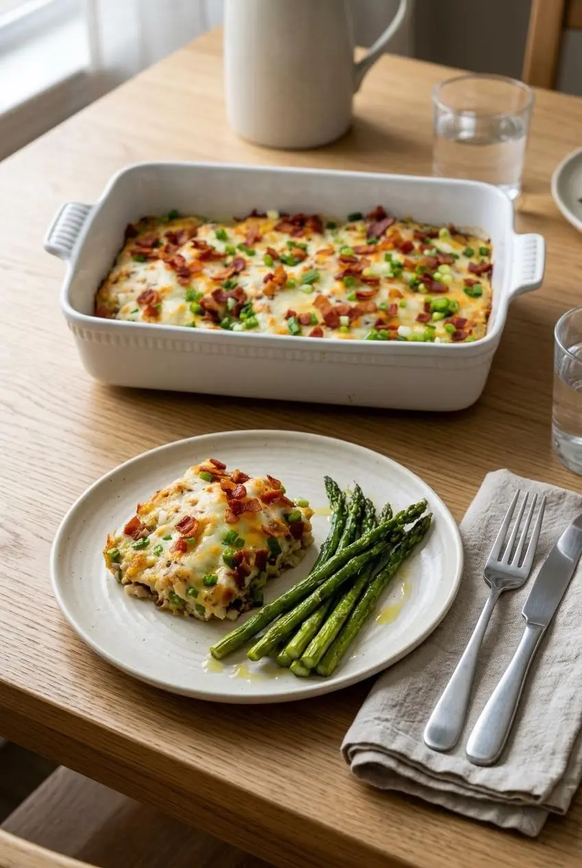 Plated portion of keto chicken bake served alongside roasted green asparagus on a ceramic dinner plate.