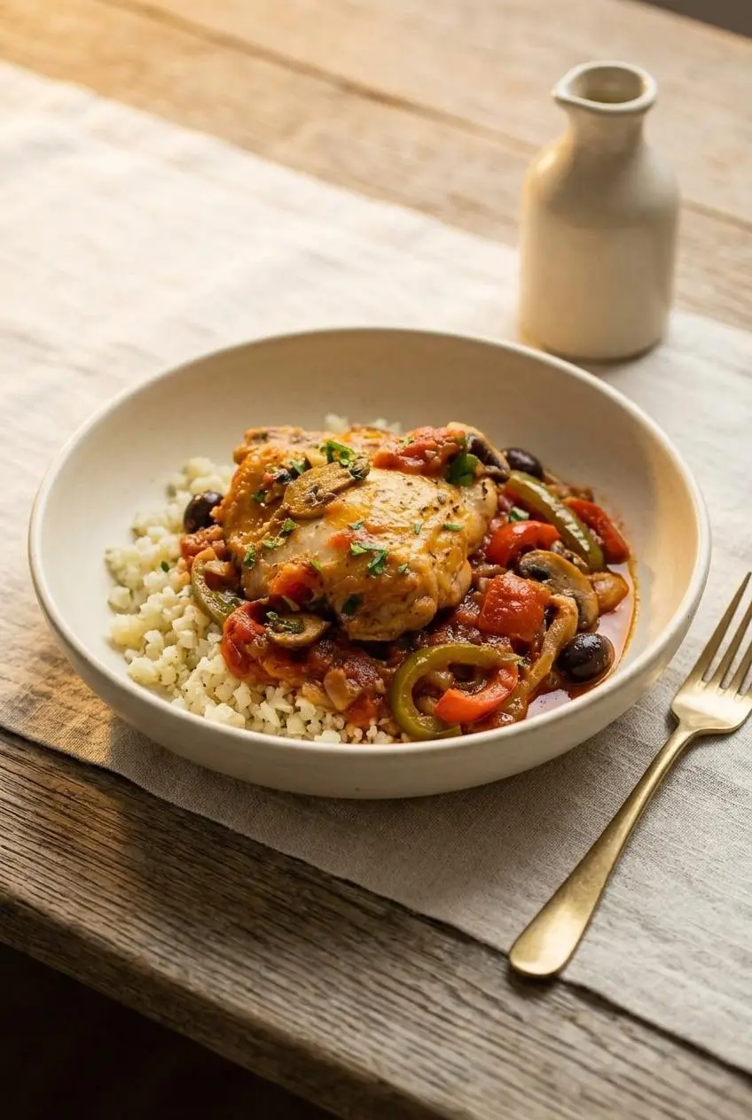 Braised keto chicken cacciatore served over buttery garlic riced cauliflower in a ceramic bowl.