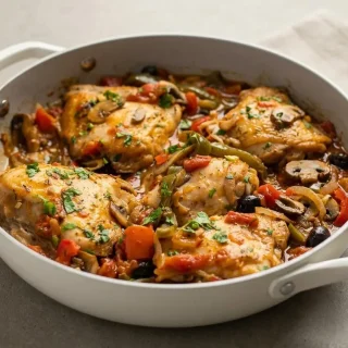 Keto chicken cacciatore recipe with tender braised thighs in a glossy tomato, herb, pepper, and olive sauce.