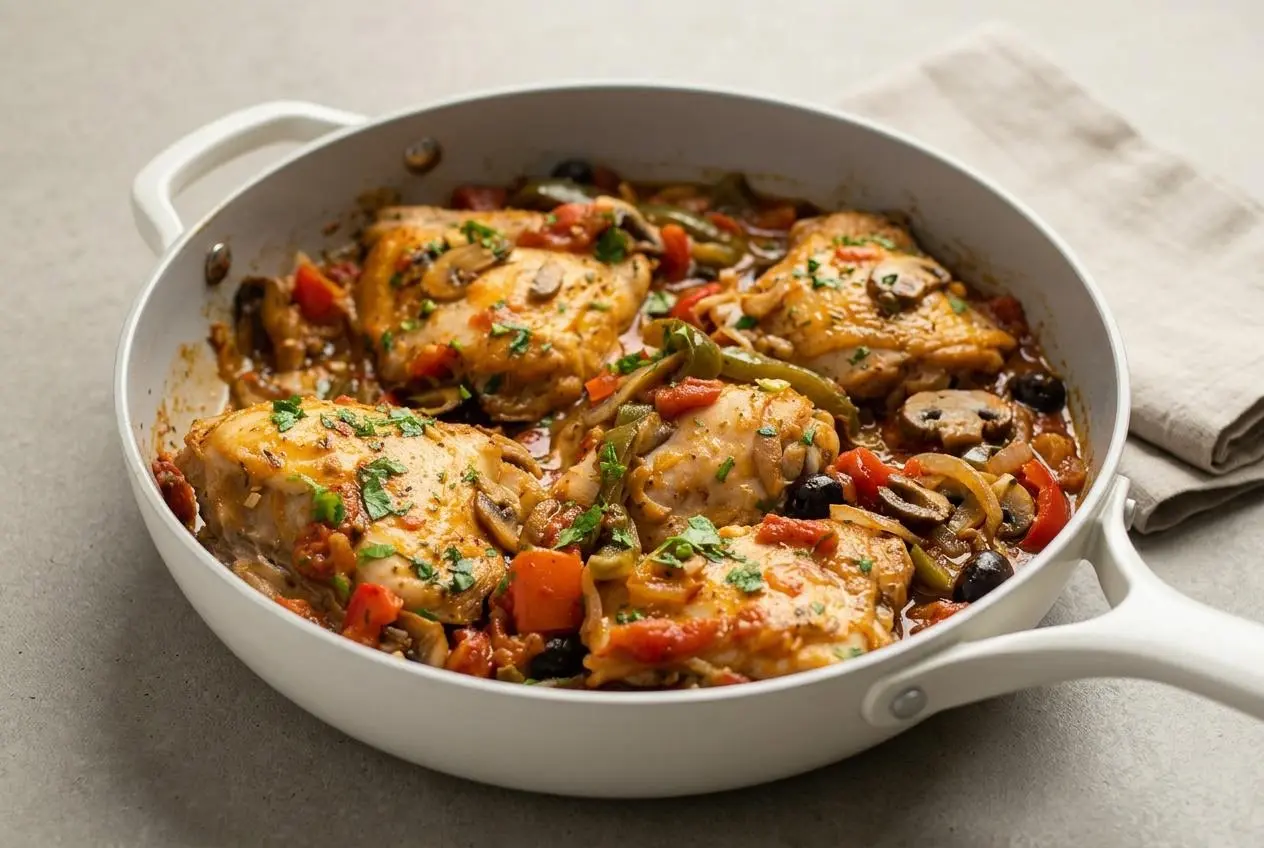 Keto chicken cacciatore recipe with tender braised thighs in a glossy tomato, herb, pepper, and olive sauce.