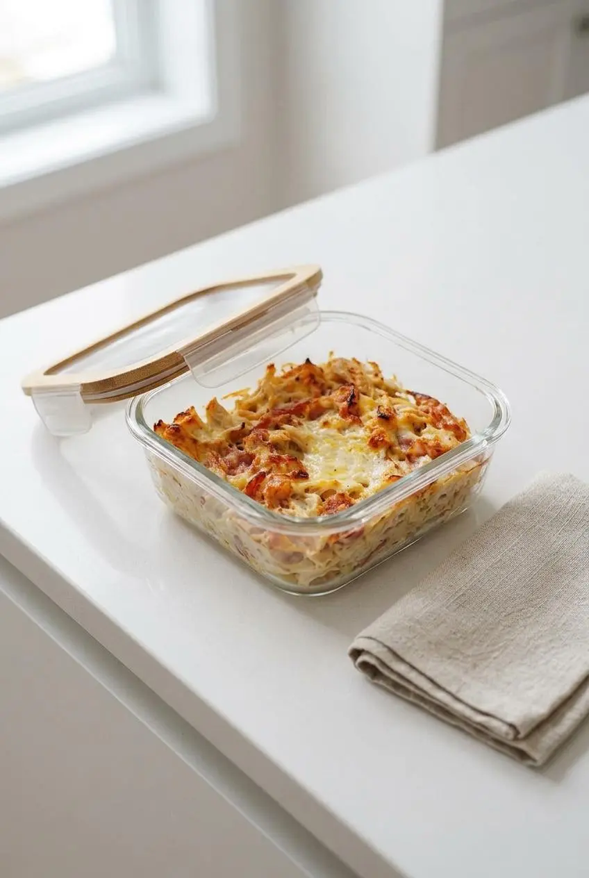 Chilled portion of keto chicken cordon bleu casserole stored in a clear glass meal prep container.