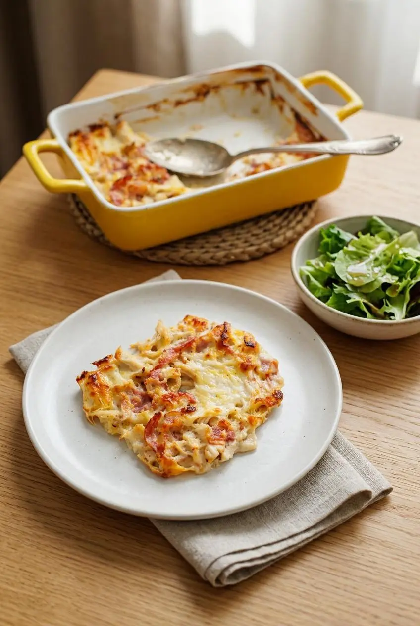 A plate of creamy chicken cordon bleu casserole served alongside a crisp green side salad.