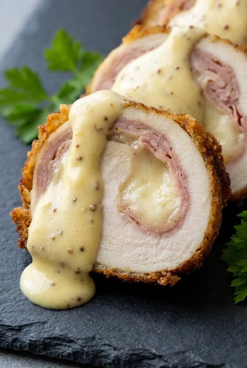 Creamy Gruyere Dijon sauce spooned over a crisp keto chicken cordon bleu pinwheel.