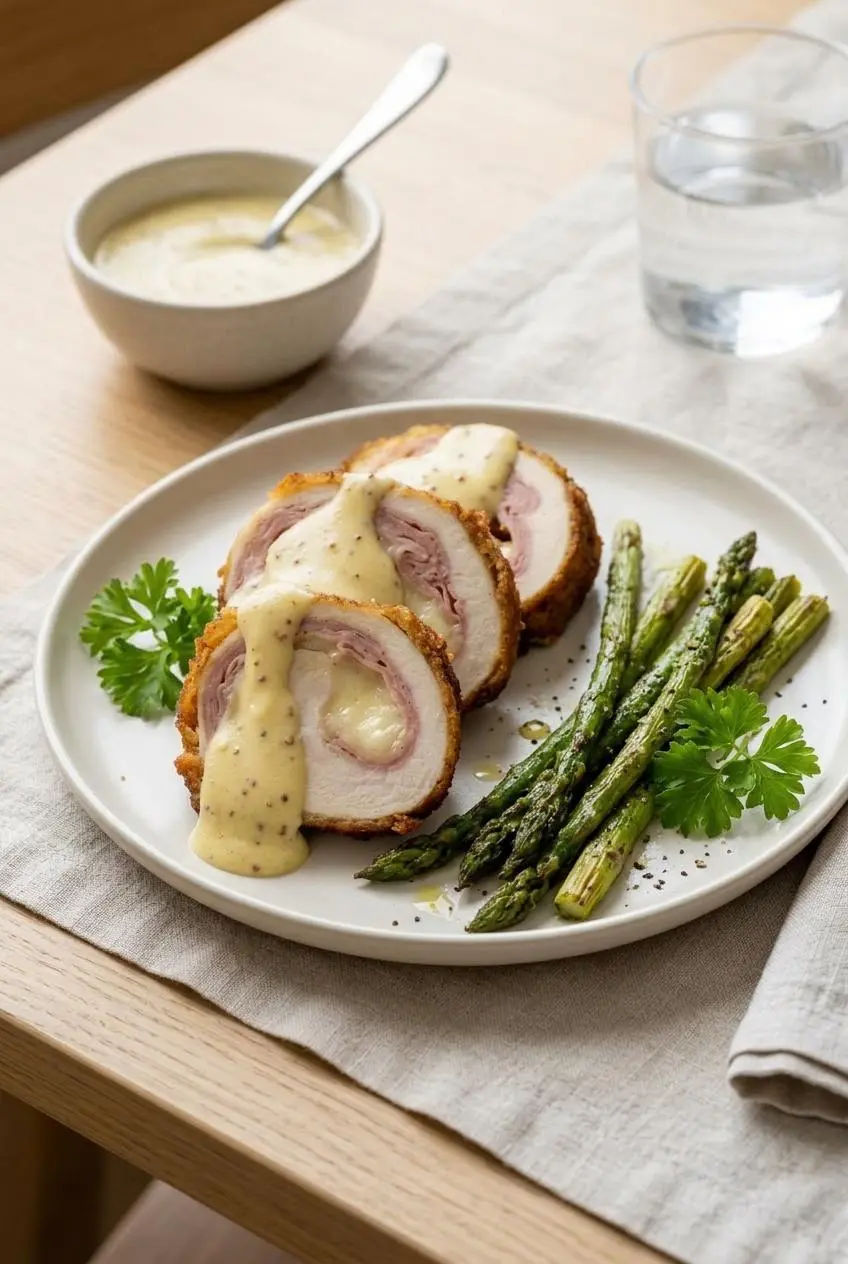 Keto chicken cordon bleu pinwheels served alongside roasted green asparagus on a dinner plate.