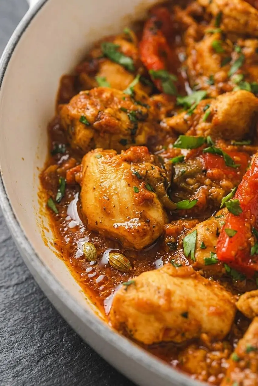 Close-up of tender chicken breast coated in a glossy spiced tomato yogurt sauce with red peppers.