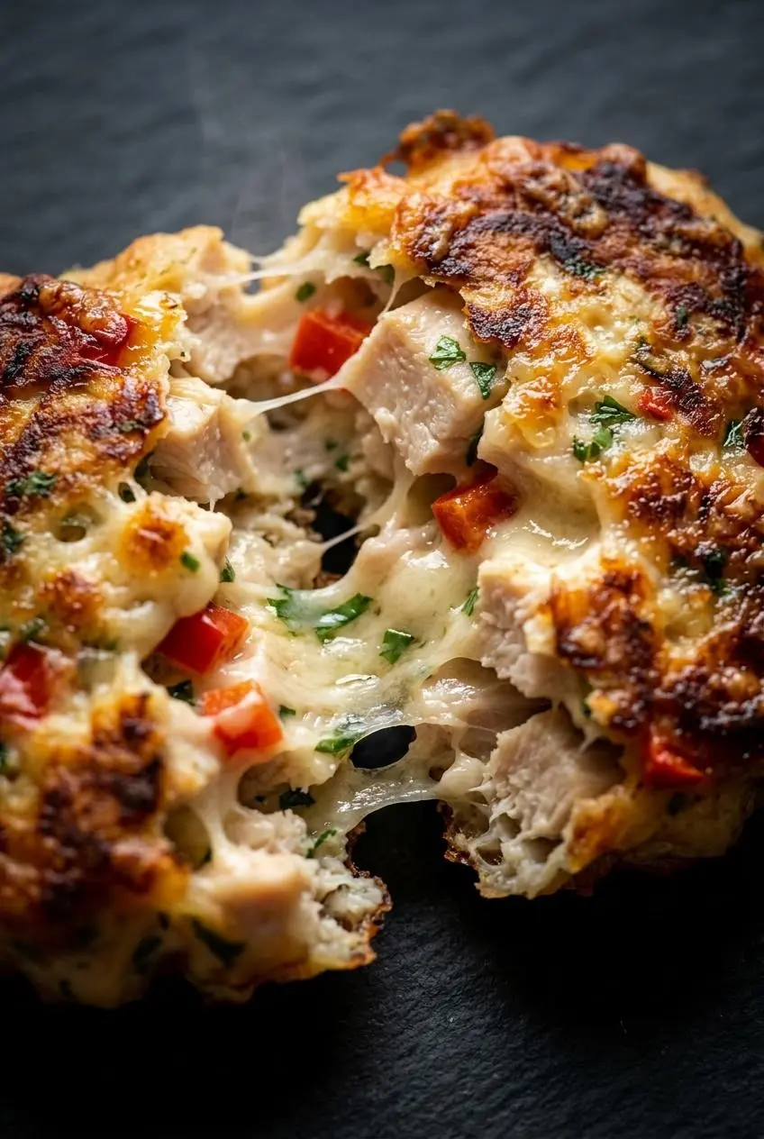 Close-up of a tender chicken fritter split open showing melted mozzarella ribbons and diced peppers.