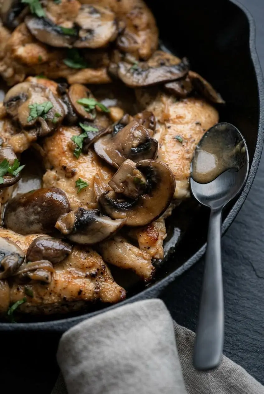 Close-up of velvety keto chicken marsala cream sauce smoothly coating the back of a spoon beside mushrooms.