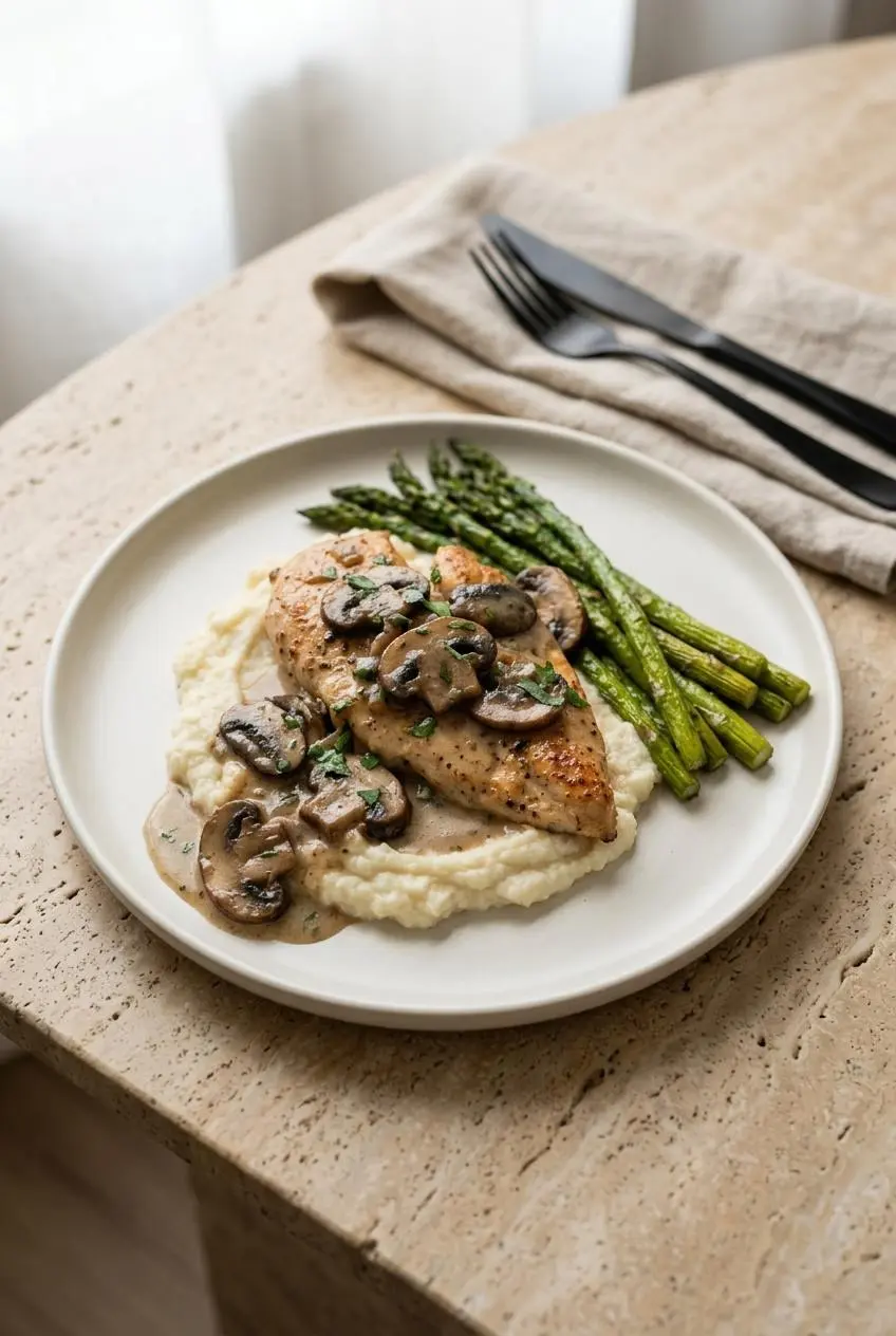 Plated keto chicken marsala served over creamy cauliflower puree alongside crisp roasted asparagus spears.