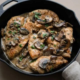 Keto chicken marsala with golden seared cutlets and a glossy, velvety mushroom pan sauce in a skillet.