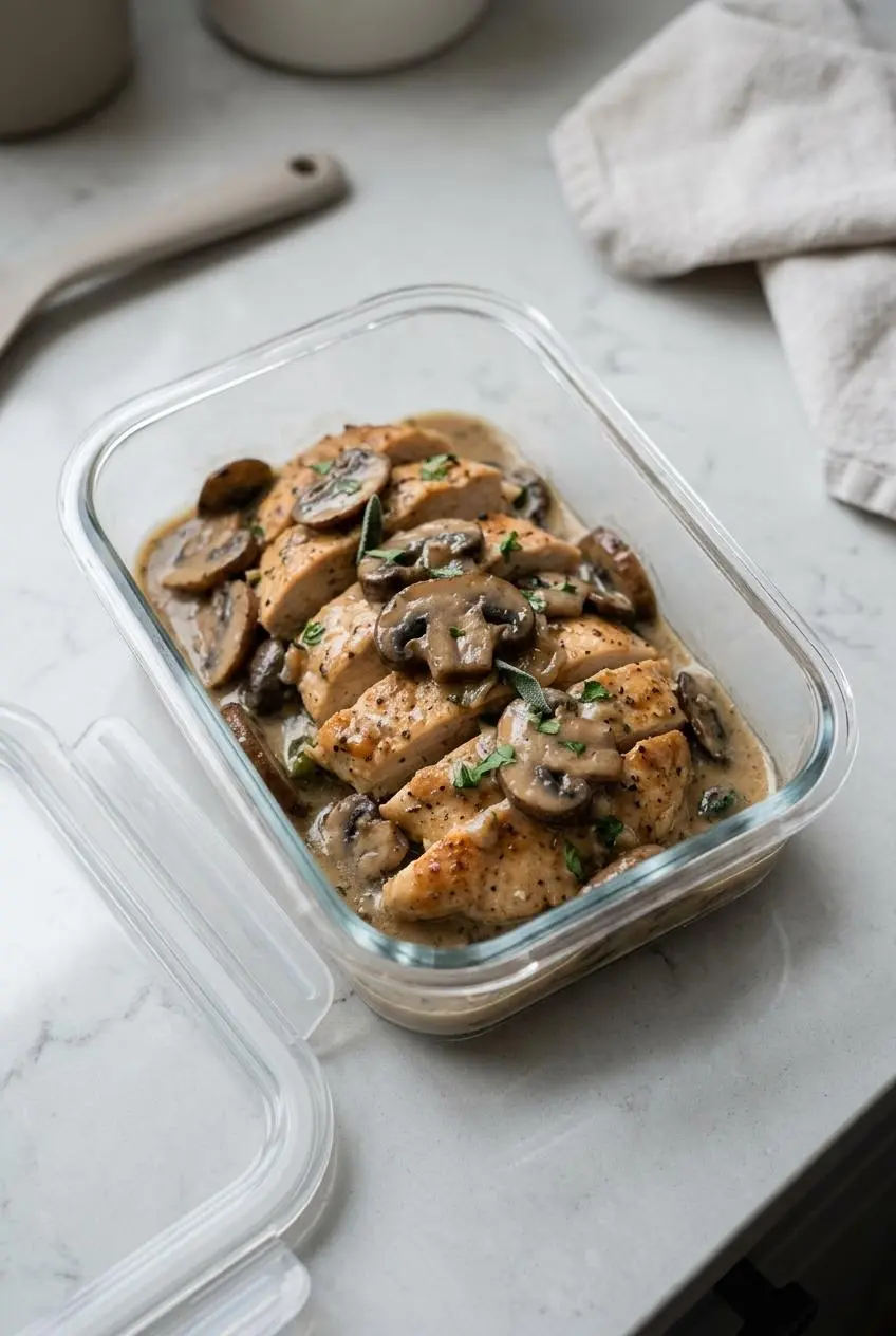 Glass meal prep container holding sliced keto chicken marsala tenders resting in rich mushroom cream sauce.